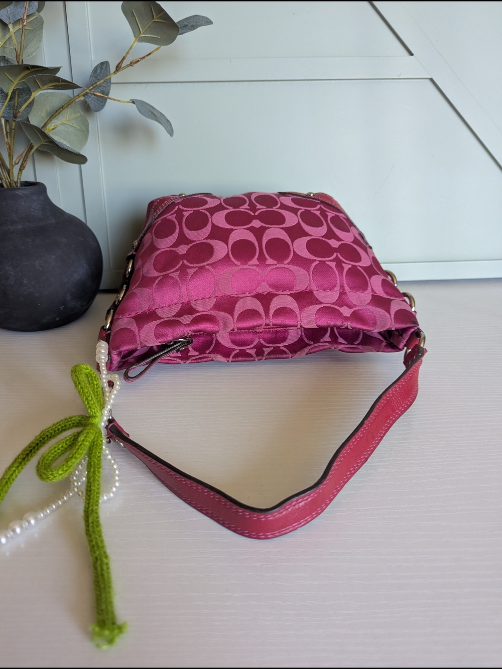 Coach Pink Signature Jacquard Shoulder Bag with Pearl Charm - Picture 13 of 16
